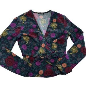 American Apparel Wrap Top Womens Large Floral Long Sleeve V Neck Teal Multicolor